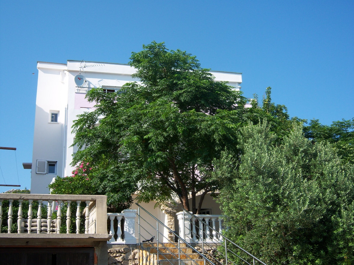 A modern villa is surrounded by lush greenery, featuring a prominent tree in the foreground. The building's white exterior is complemented by balcony railings and decorative stonework. Satellite dishes are visible, indicating modern amenities, while clear blue skies create an inviting backdrop.