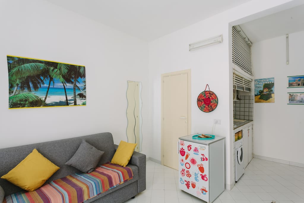 The living with the sofa bed and the little kitchenette on the right.