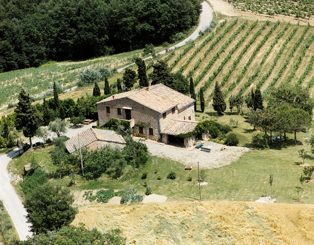 An aerial view of a rustic stone farmhouse surrounded by neatly arranged vineyards and lush greenery. The property features a spacious lawn area with trees, offering a tranquil escape. A winding road can be seen leading up to the house, enhancing its rural charm.