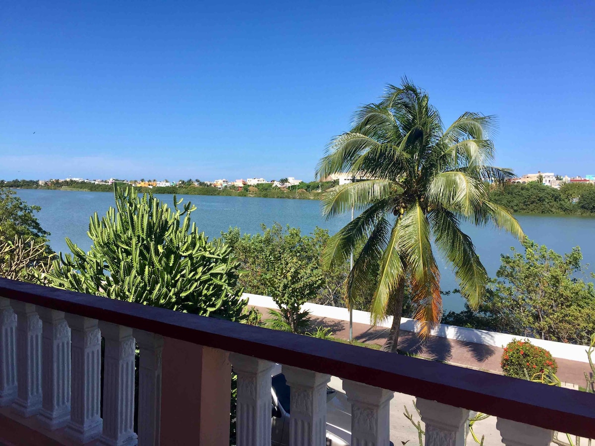 A clear view of a serene lagoon is presented, framed by lush greenery and palm trees. The expansive water reflects the bright blue sky, with distant buildings visible along the shoreline, creating a tranquil and inviting outdoor environment.