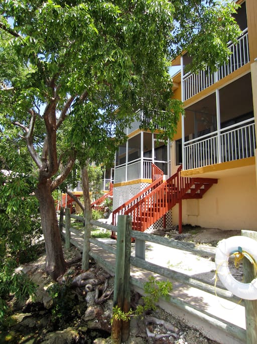 View of our townhouse from the lake which shows the balconies in the master and living room.