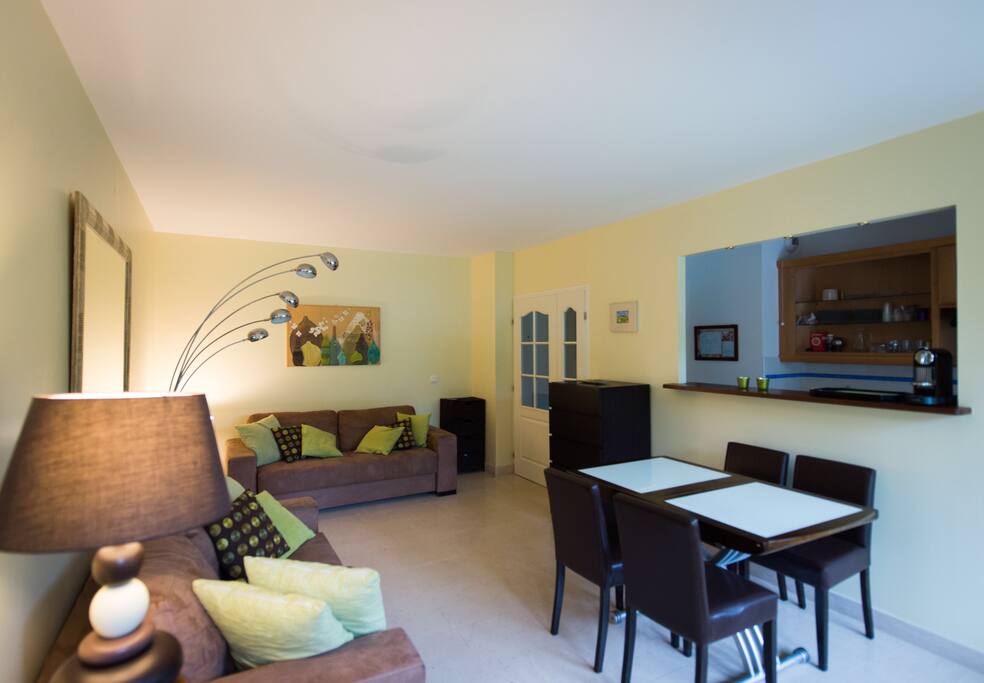 Le salon avec ses deux canapés lits (1x160) (1x120) et un espace demi ouvert sur la cuisine équipée .