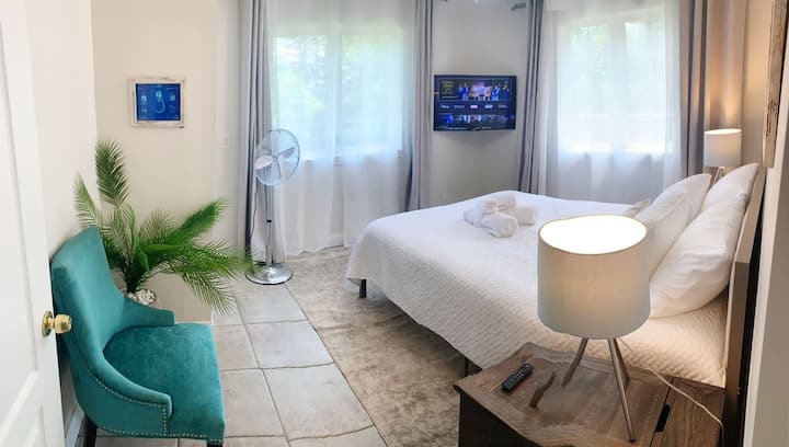 1er étage East Wing Edison Queen chambre. Vue arrière, rideaux occultants, placard, télévision connectée avec HBO, Disney+, Netflix, Hulu et haut-parleur intelligent pour la musique, les alarmes, les commandes d'éclairage, les actualités et la météo. Détecteur de fumée et de monoxyde de carbone. À côté des toilettes.