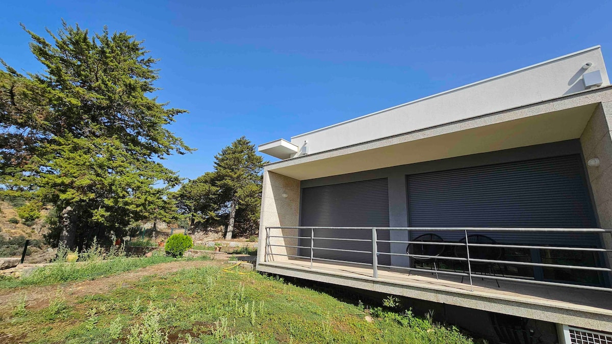 A modern structure is showcased against a clear blue sky, featuring a covered terrace with a railing. The building is surrounded by lush greenery, including tall trees and manicured grass, creating a serene outdoor setting.