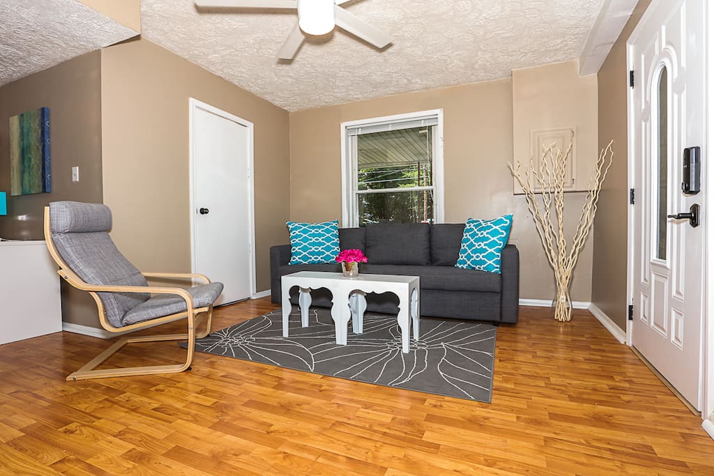 Open living room with pull out couch.