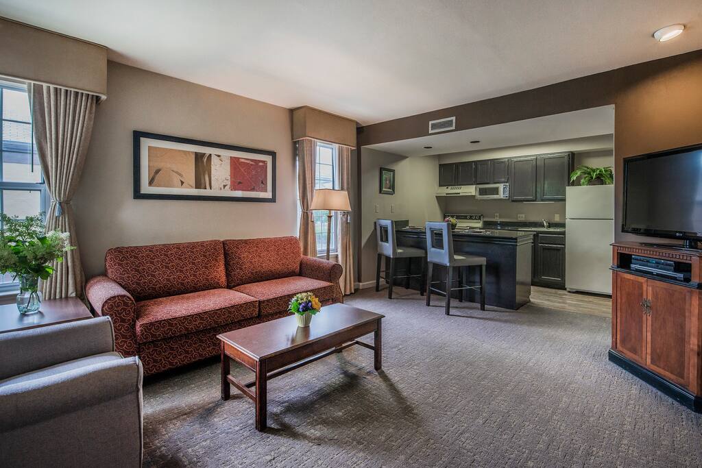 Living room with pullout sofa plus full kitchen