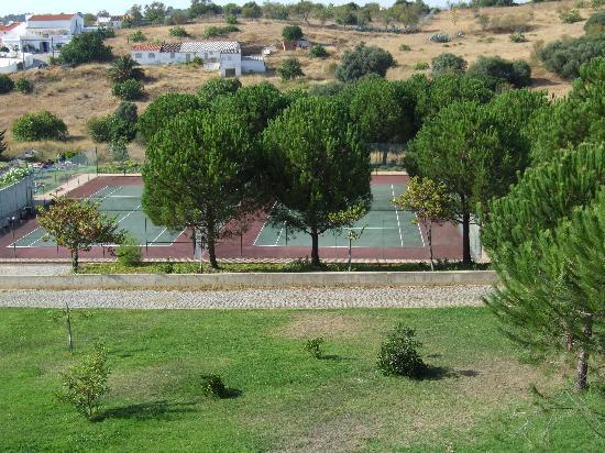 A well-maintained outdoor tennis court is visible, surrounded by neatly trimmed grass and tall pine trees. The court features a red clay surface, with multiple tennis nets positioned. The serene landscape includes rolling hills in the background, enhancing the peaceful environment.