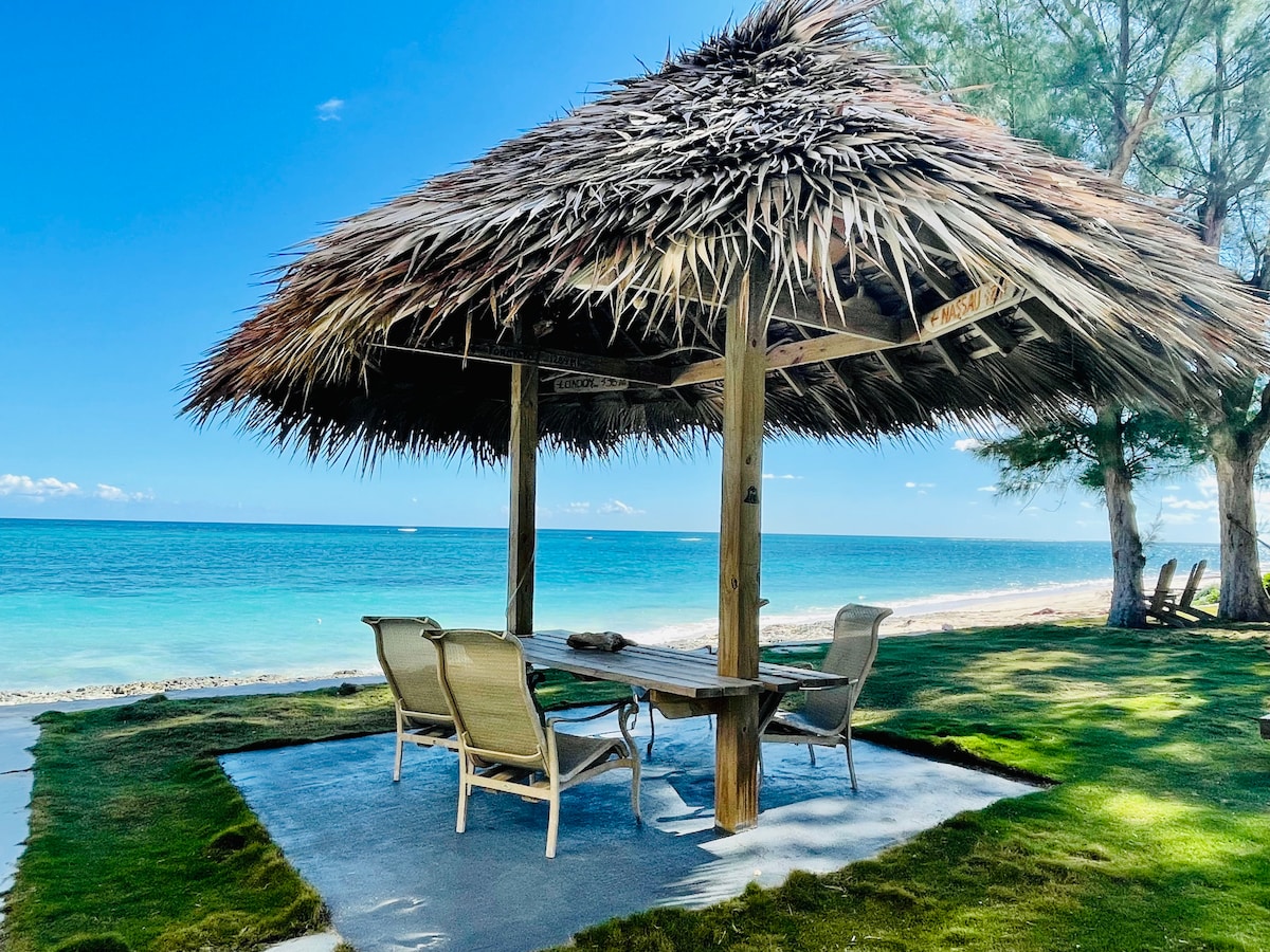 A shaded gazebo with a thatched roof offers ample space for relaxation, featuring a wooden table and four comfortable chairs. The background reveals a serene beach landscape with turquoise waters and a clear blue sky, framed by nearby trees swaying gently in the breeze.