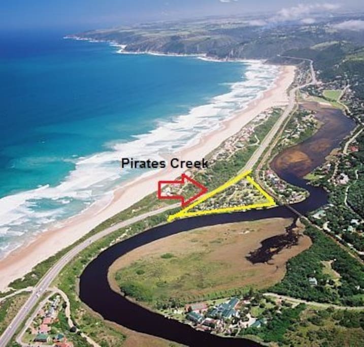 Aerial view showing the location of Pirates Creek Waterfront Village
