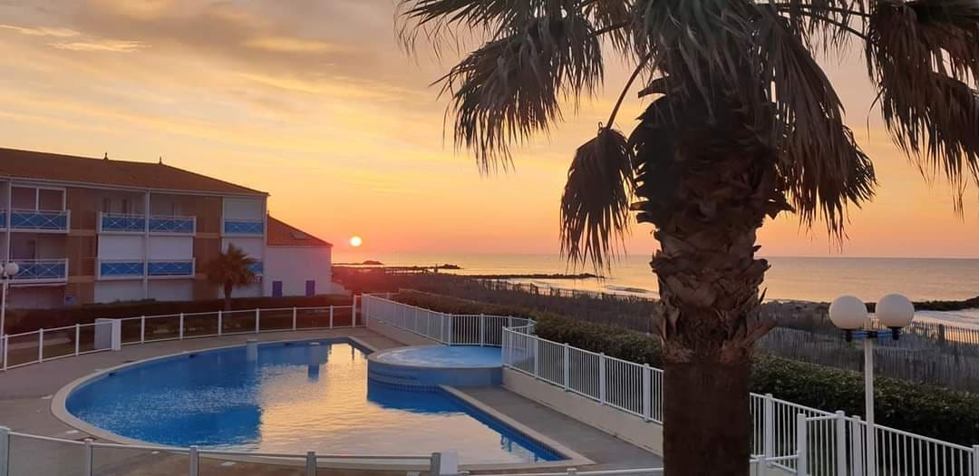 A serene view of the sunset over the sea is captured, with soft orange and pink hues reflected in the calm waters of the pool. The palm tree stands prominently in the foreground, framing the peaceful ambiance of the beachfront residence.