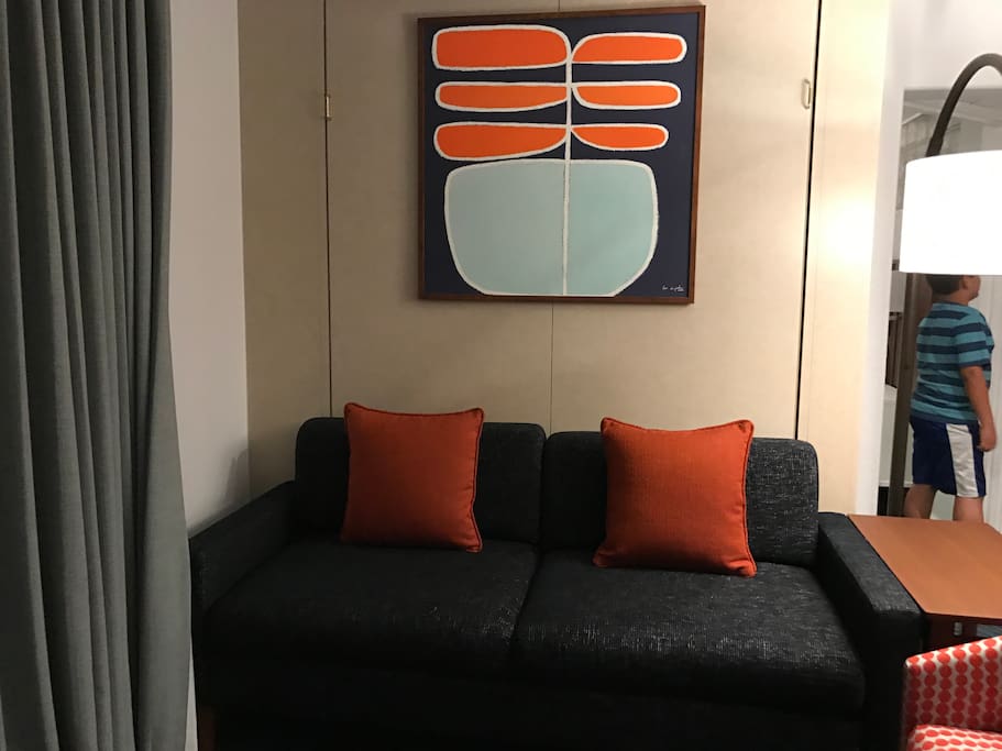 The queen size murphy bed is behind the picture in the living area.