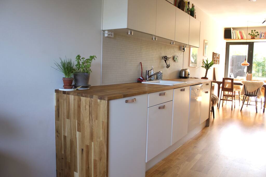 Kitchen seen from the entrance. Walk thorugh to the dining room and back terrace.