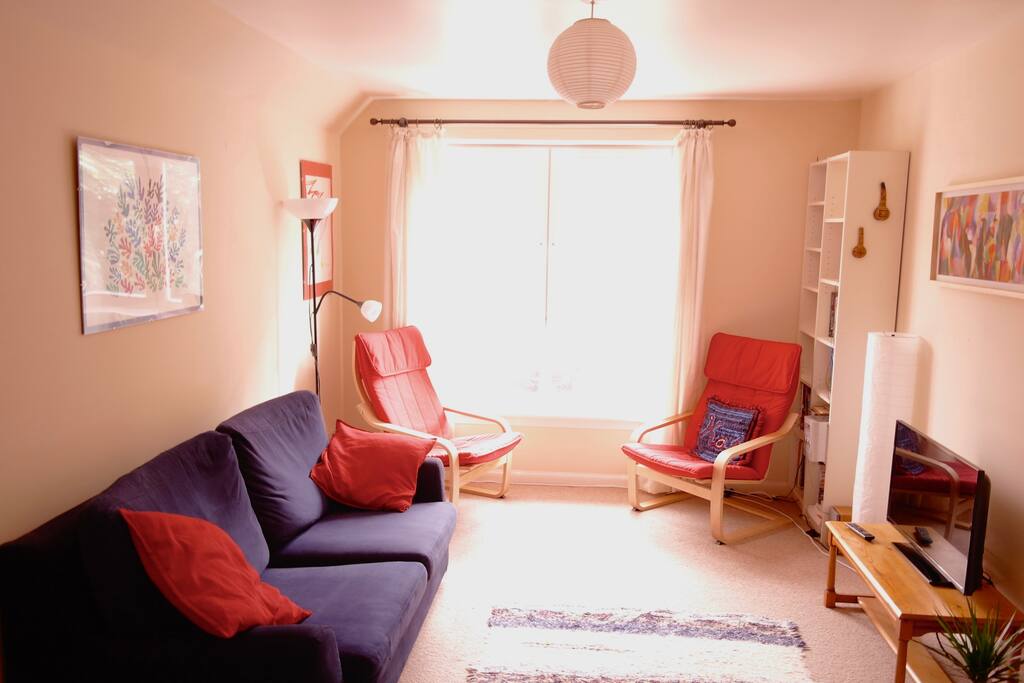Bright shared living room/dining room with TV