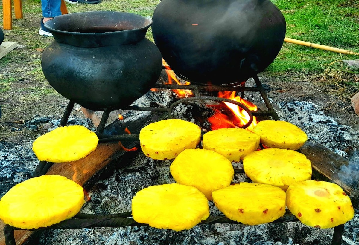 Two large black pots are positioned over an open fire, emitting smoke. Slices of pineapple are laid out on a griddle, with the flames visible beneath. The surrounding area features a grassy surface, suggesting an outdoor cooking setup.