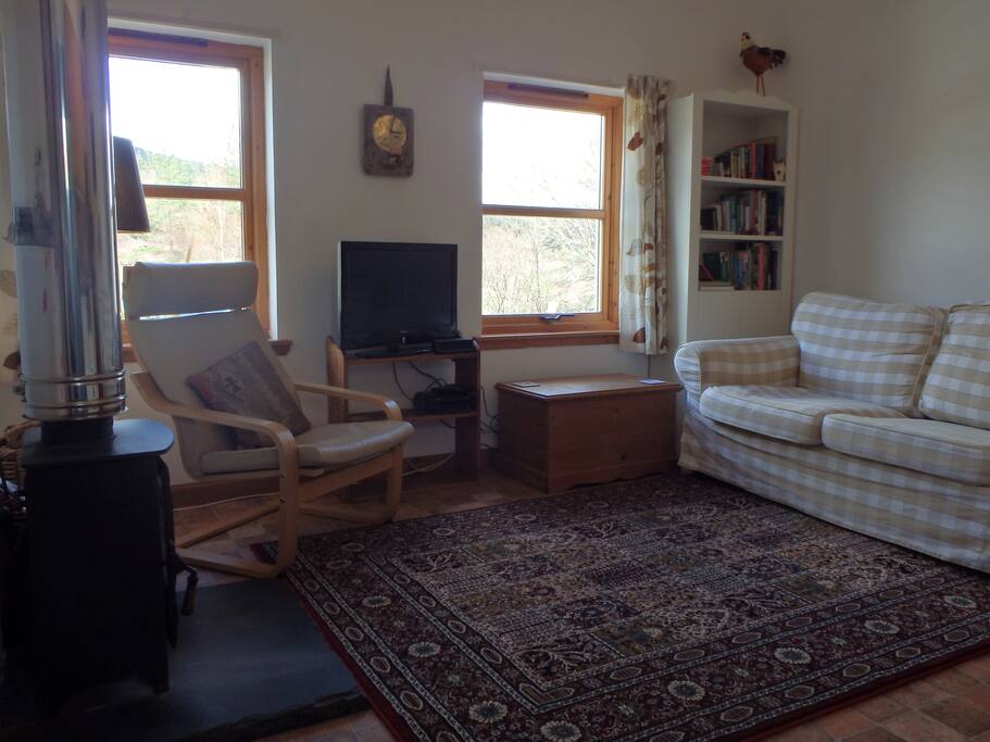 The living space with comfy sofa and wood burning stove.