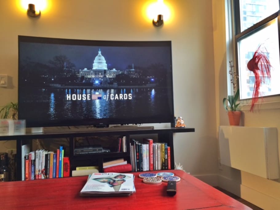 Unwind from your day by catching up on your Game of Thrones, House of Cards or other shows on this 65-inch curved screen television. My Apple TV also has HBO Go, Comedy Central, CNN, ABC, AMC and other channels available.