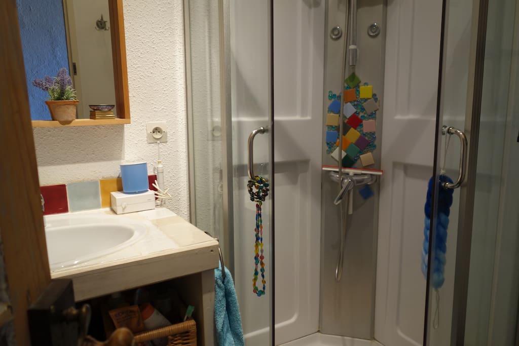 une salle de bain sur le même palier que la chambre avec wc à côté