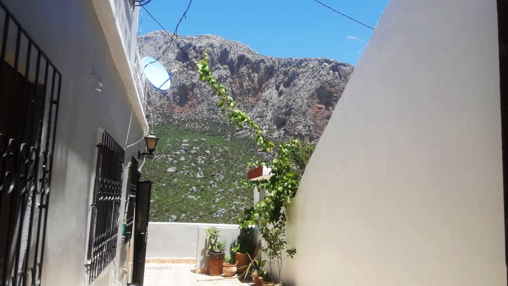 A narrow path is lined with white walls, leading to a view of a majestic mountain range under a bright blue sky. Potted plants are placed along the sides, contributing to the serene environment.