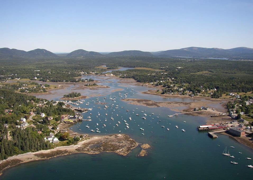 Bass Harbor with the mountains of Acadia.
