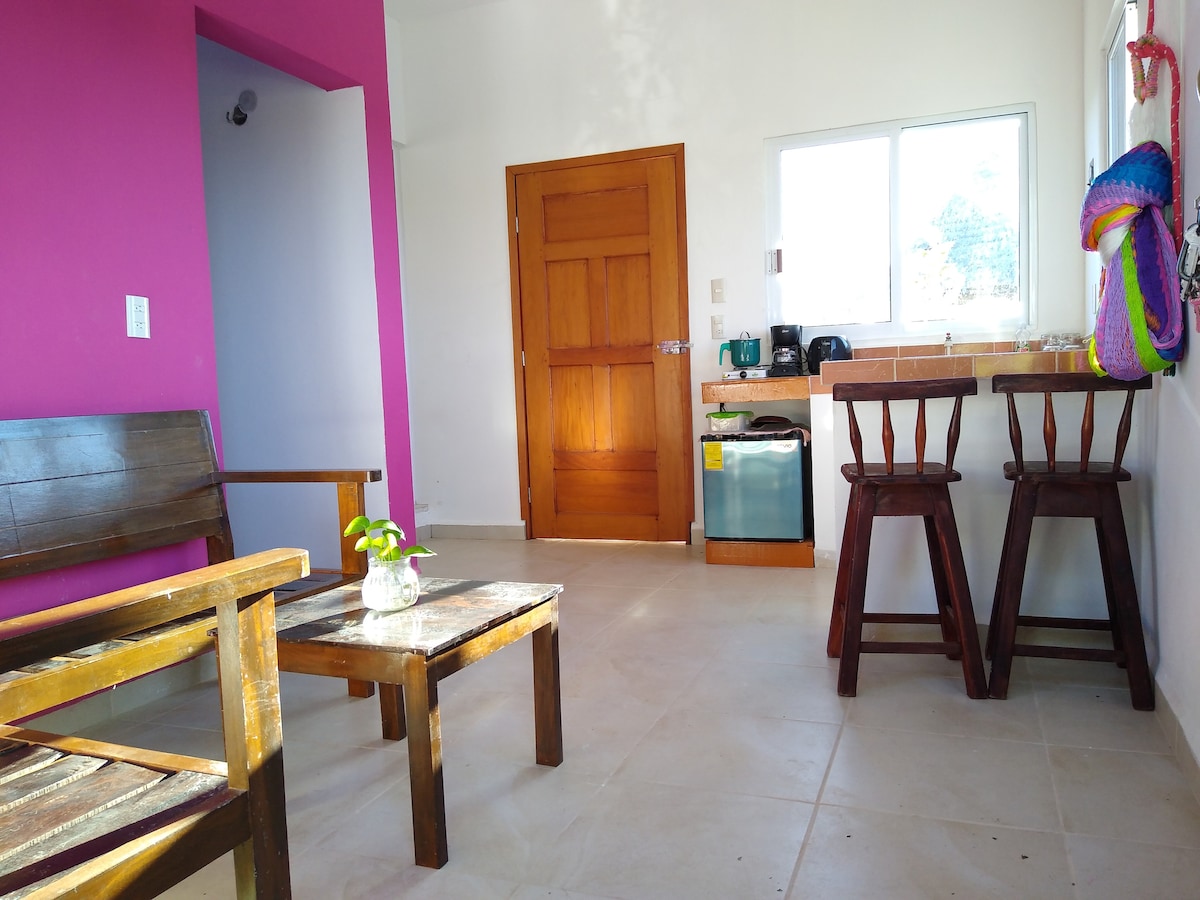 A bright interior is displayed, featuring a wooden seating area with a table and two chairs. The walls are highlighted in a vibrant pink, complemented by a kitchen countertop fitted against the wall. A window allows natural light to fill the space.