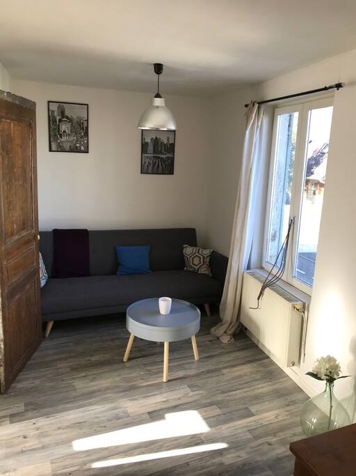 Salon avec canapé convertible et une télévision et une table basse