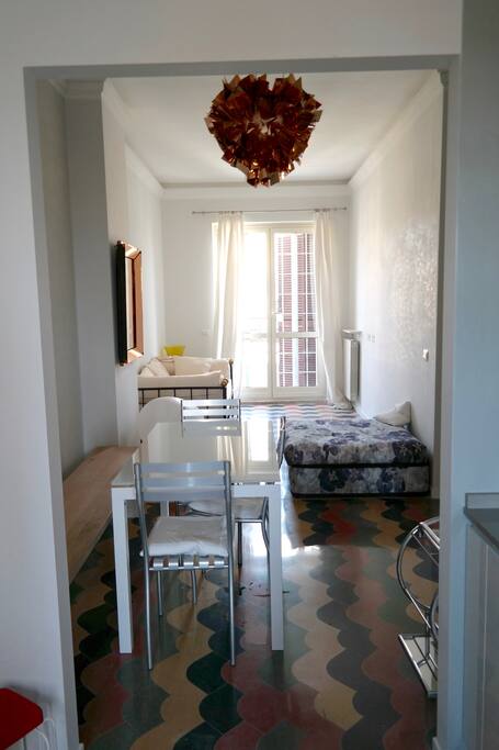 The view from the kitchen in the living/dine room