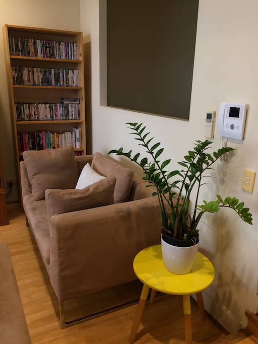 Comfortable couch with library of books and dvds.