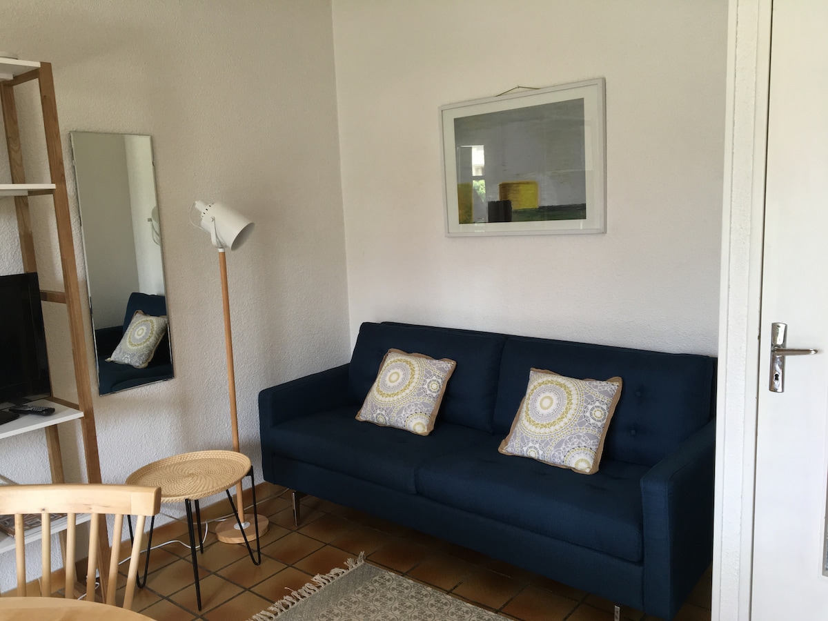 A cozy living area is displayed with a navy blue sofa featuring decorative cushions. A round coffee table is positioned nearby, complemented by a light-colored rug. A full-length mirror and a television stand are visible, reflecting natural light from the window.
