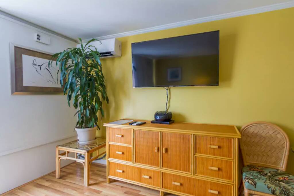 Wall mounted flat screen TV with a nice little work station that can double as an eating area.