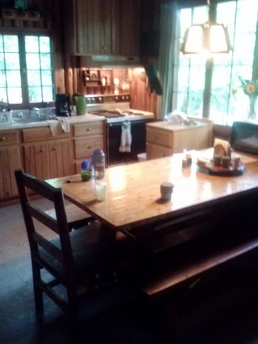 Dining table, benches, chair and kitchen.