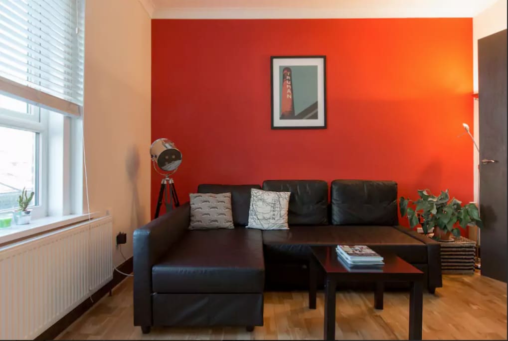 Spacious, cosy living room with a letaher double sofa bed and stylish decor
