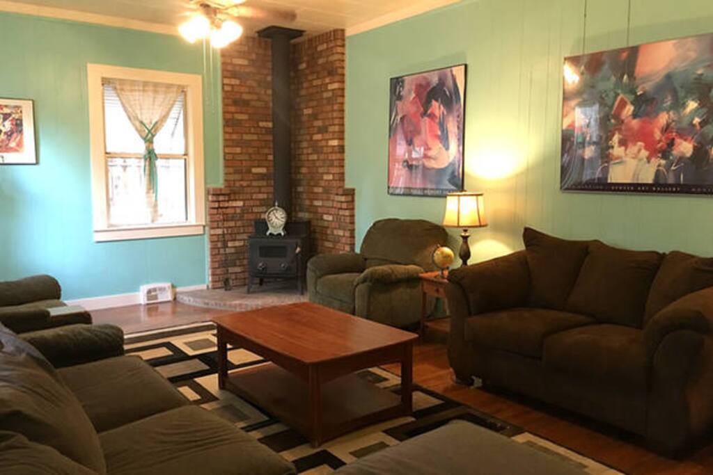 Main house living room showing stove