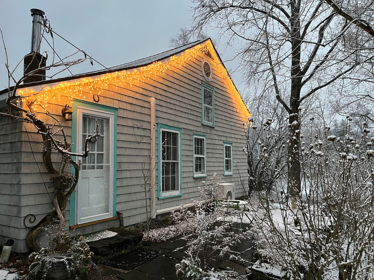 A charming cottage is shown adorned with warm string lights, set against a backdrop of freshly fallen snow. The exterior features light blue trim, with windows illuminating the serene winter scene, while delicate branches are dusted with snowflakes.