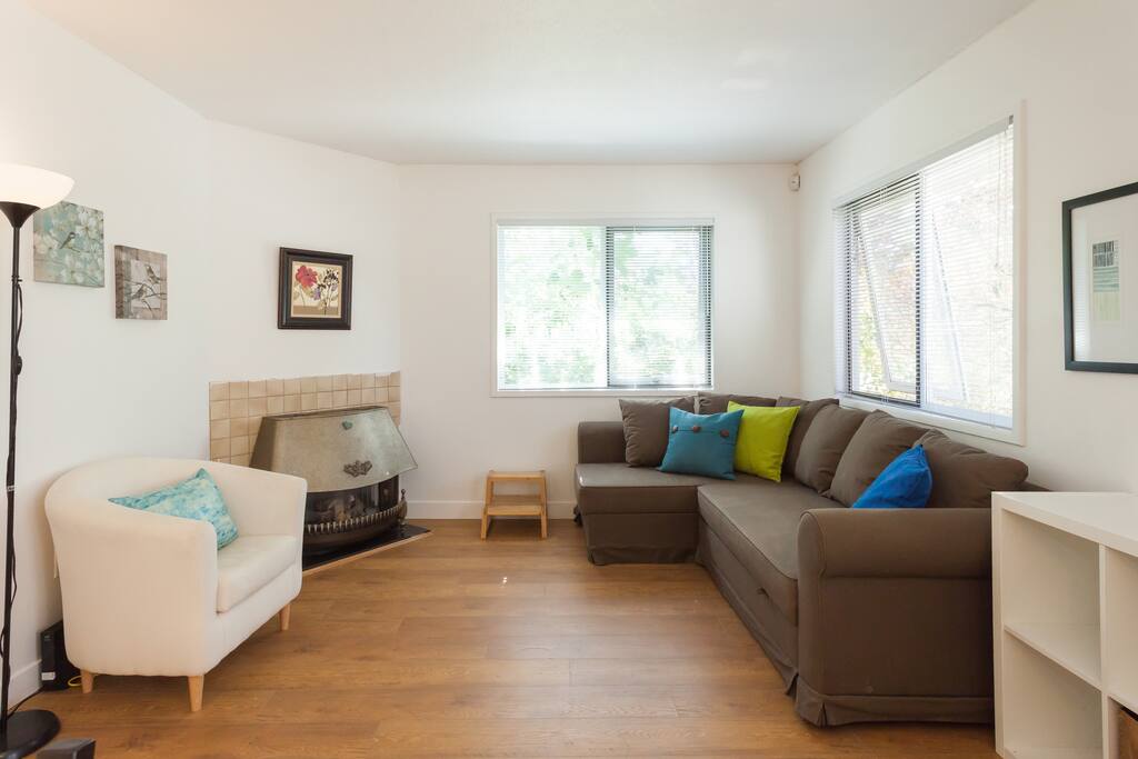 Family room. Sofa pulls up into a queen bed.