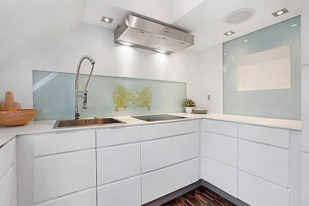The kitchen is bright and neat