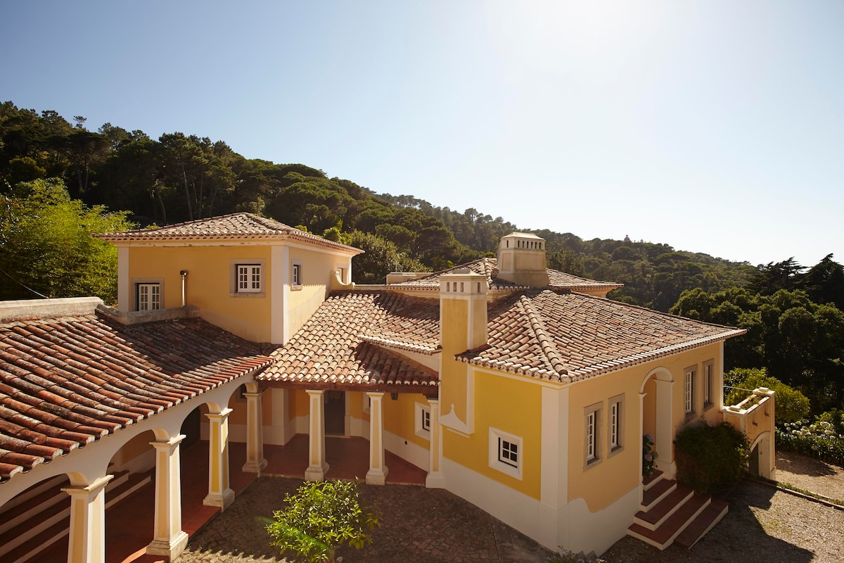 The exterior of the villa features a warm color palette with a tiled roof and multiple gabled sections. Surrounded by lush greenery, the building provides a serene and inviting ambiance, complemented by architectural details such as columns and windows showcasing the landscape.
