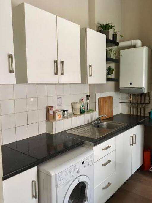 kitchen view (with washer and dryer)