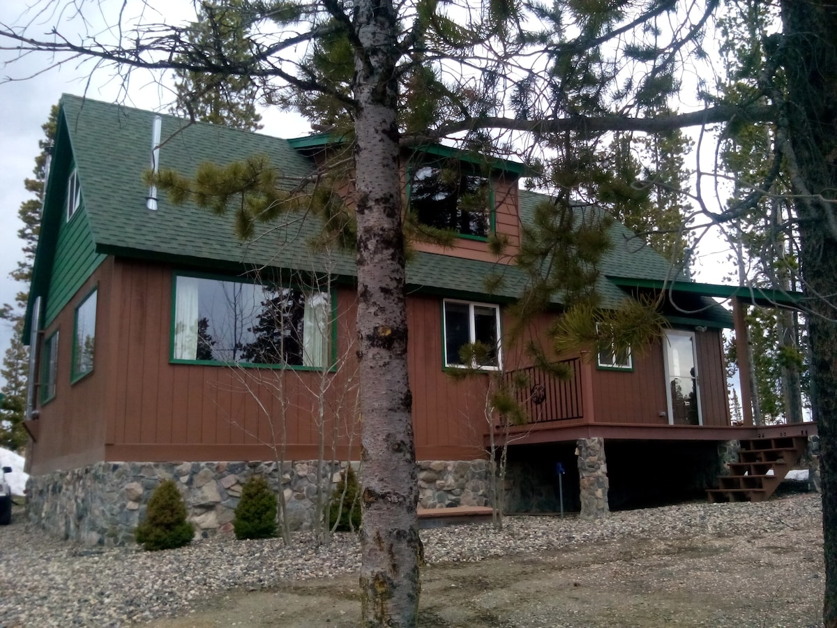 A cabin exterior showcases a combination of brown wood siding and stone accents. Large windows provide natural light, surrounded by tall pine trees. The building is set on a gravel area with neatly trimmed shrubs, presenting a secluded and inviting atmosphere.