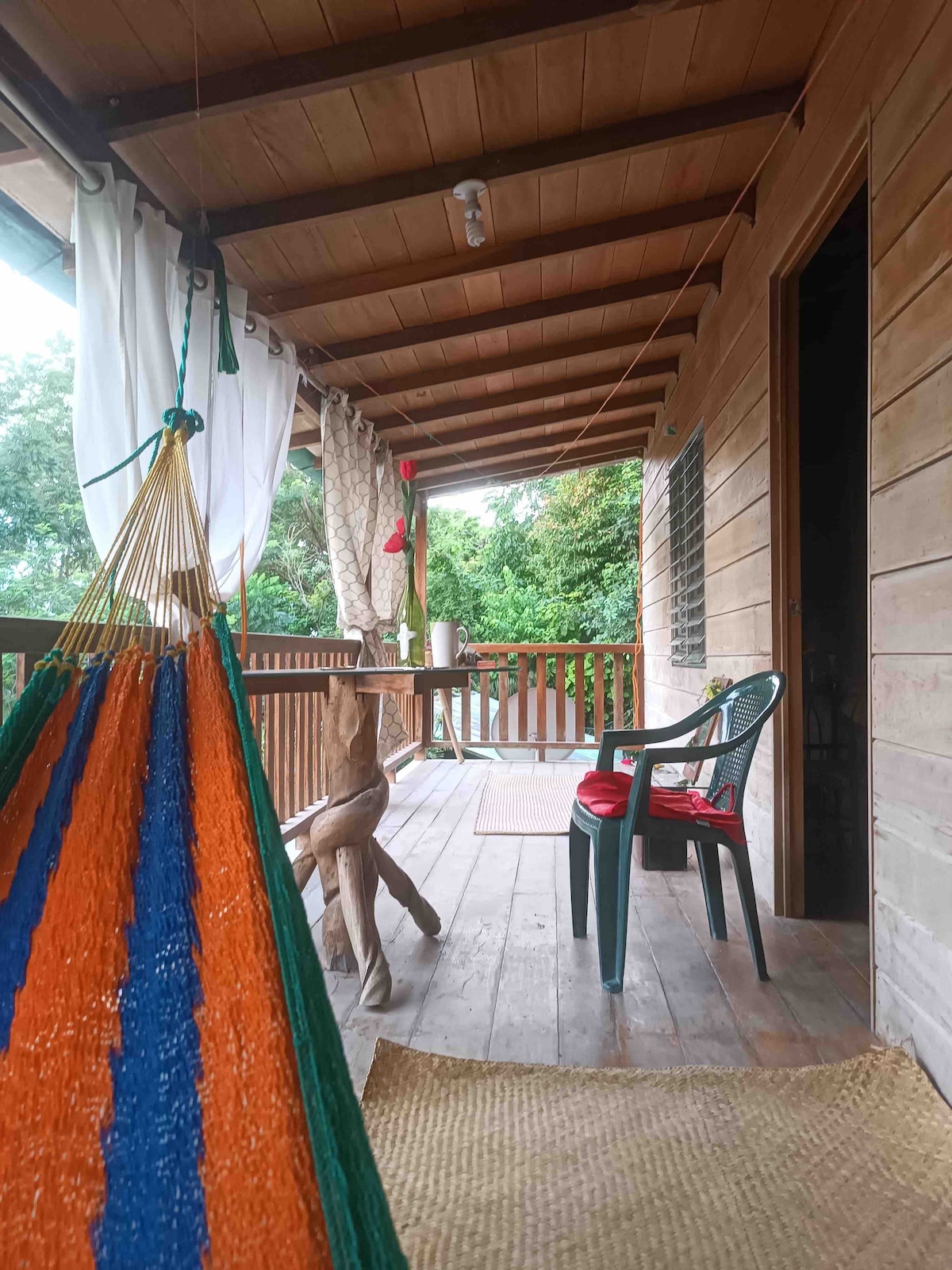 A covered porch area features a colorful hammock suspended between posts. A wooden table and a single green chair are placed nearby, contributing to a serene outdoor atmosphere. Natural light filters through the open space, illuminating the wooden flooring and surrounding greenery.