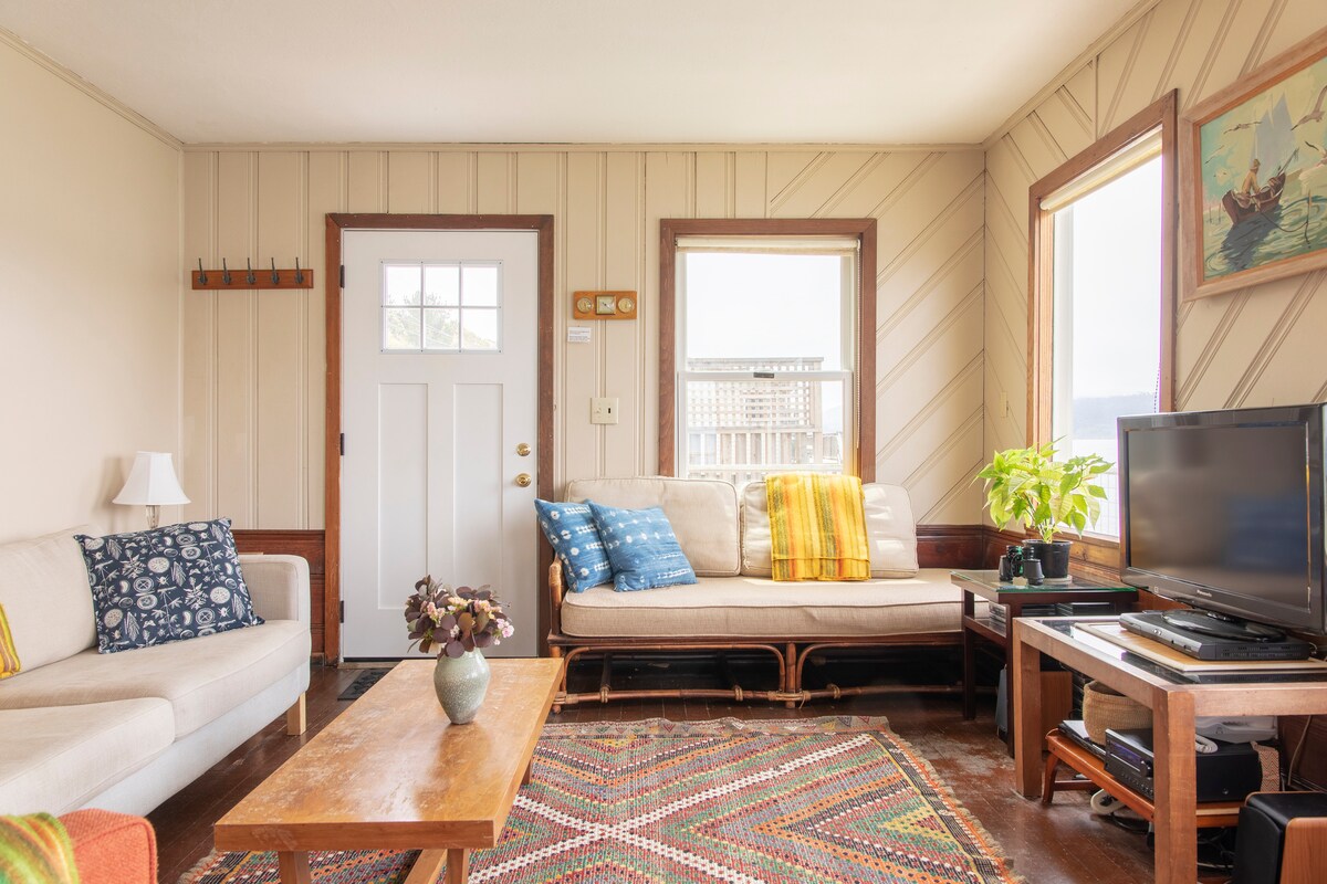 A cozy living area features a light-colored couch and a wooden coffee table on a colorful area rug. Windows provide natural light, with plants placed nearby. A flat-screen TV and a side table complete the inviting space.