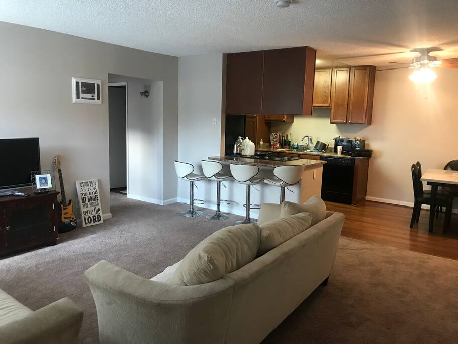 The living room and dining room
