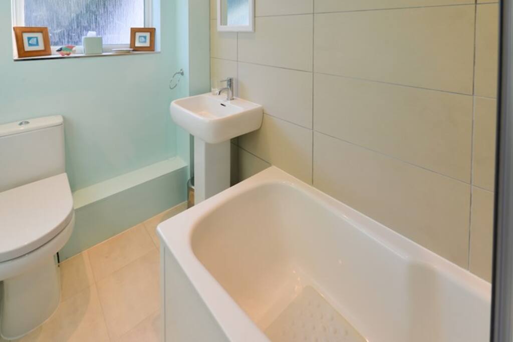 Newly fitted bathroom, with a shower over the bath.