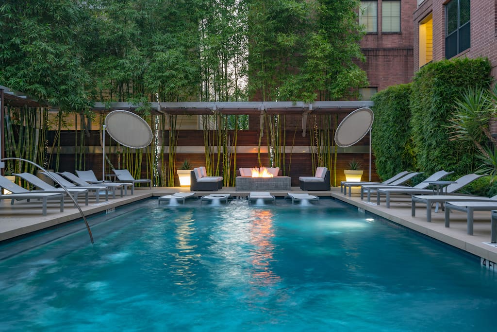 Salt water pool with BBQ station and fire-pit