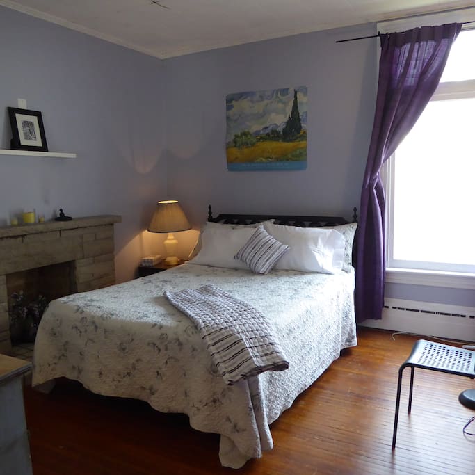 Bedroom with decorative fireplace