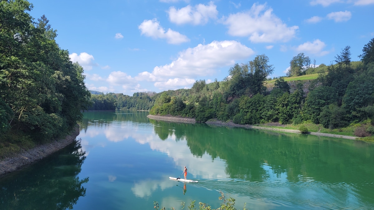 A serene body of water is depicted, surrounded by lush greenery and trees along the banks. A person is seen paddling on a kayak, creating gentle ripples on the reflective surface of the water. Fluffy clouds drift in the blue sky above, enhancing the tranquil scene.