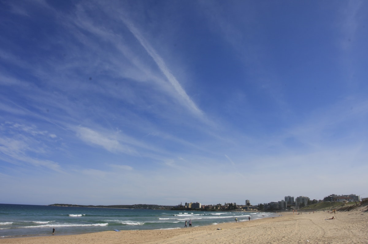 A sandy beach extends along the shoreline, bordered by gentle waves of the ocean. A clear blue sky is present, with scattered clouds, while distant buildings can be seen against the horizon. Several individuals are enjoying the beach area.
