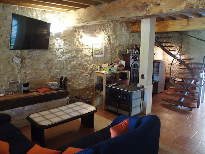 Obývacia izba, televízor, miniaplikácia, krbový sporák, umelecké schodisko sa dostanete hore (bez obuvi).