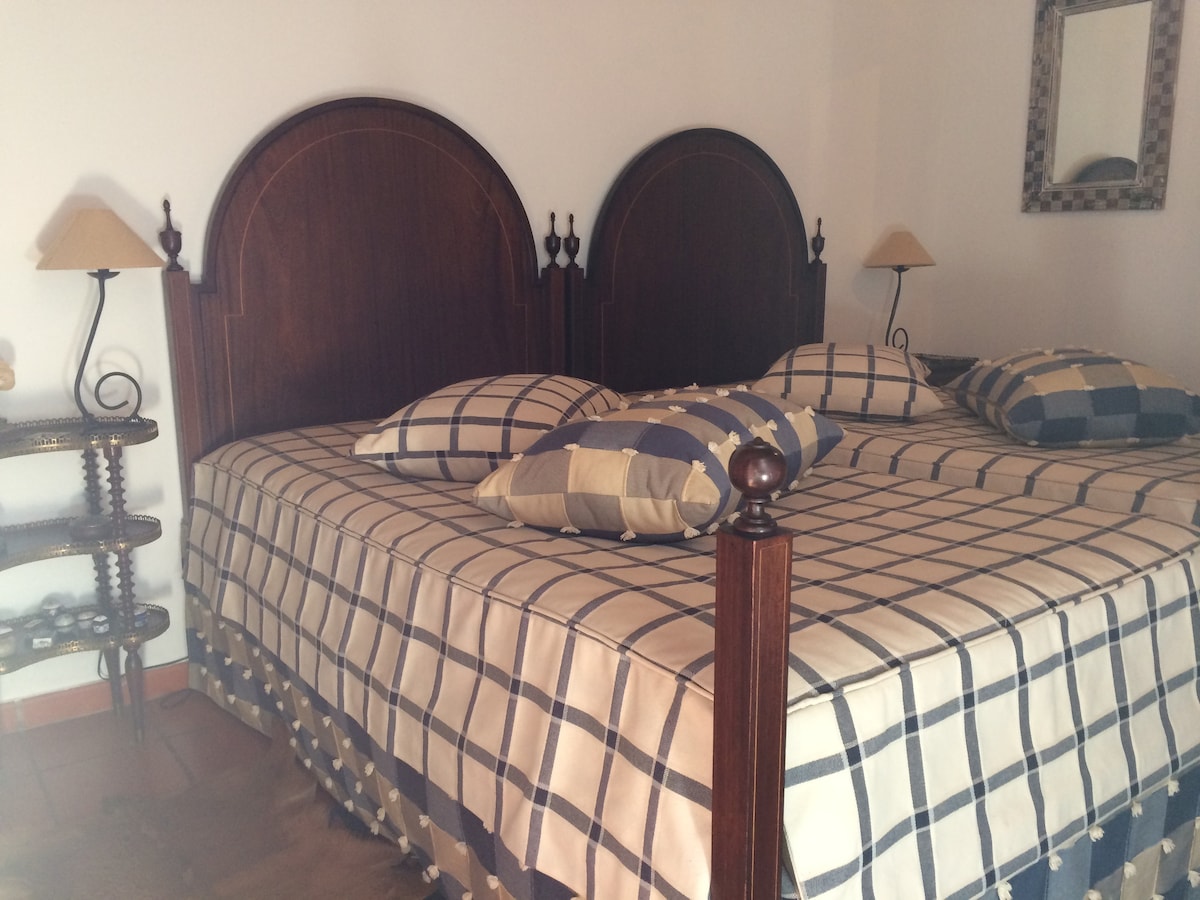 A private bedroom is presented with two beds featuring wooden headboards and a checkered bedding pattern. Soft cushions in complementary colors are arranged atop the beds. A small bedside table is positioned beside each bed, while a mirror hangs above one of the beds.