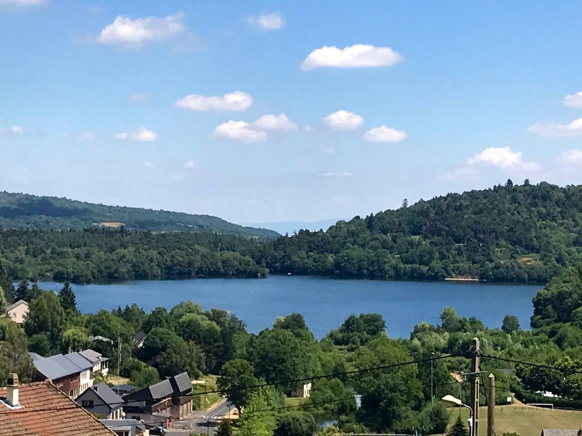 A serene view of a lake surrounded by lush greenery and rolling hills is captured. Fluffy white clouds drift across a clear blue sky, complementing the vibrant natural scenery. The tranquil water reflects the landscape, creating a peaceful ambiance.