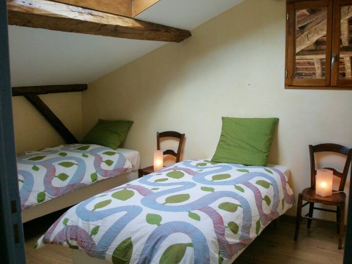 Chambre avec deux lits simples.